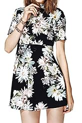Cutout High-Neck Polyester Summer Floral Print Skater Dress 