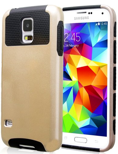 myLife Gold Sparkle and Dark Black - Free Flex Series (2 Layer Neo Hybrid) Slim Armor Case for the NEW Galaxy S5 (5G) Smartphone by Samsung (External Rubberized Hard Shell Flex Piece + Internal Soft Silicone Flexible Bumper Gel)