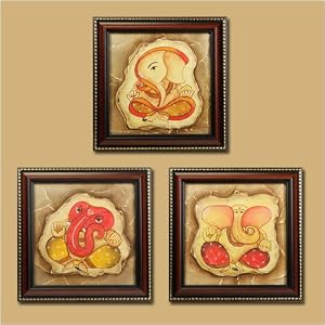 Set of 3 Hand Painted Embossed Ganesh Paintings