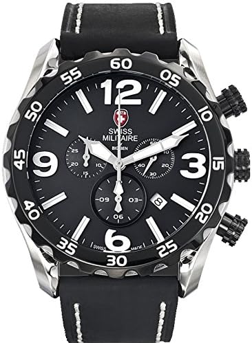 Swiss Militaire Men's Tanker 46mm Black Leather Band Steel Case Swiss Quartz Analog Watch H594AN