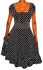 Plus Size Cocktail Cotton/Spandex Shirred  Polka Dot Print Peasant Dress  With Ruffles