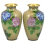 Collectible Vintage Pre-Owned Mirror Image Pair of Exquisitely Crafted Tan Cloisonne Vases with Flowers and Butterflies; 6 inches high and 3-1/2 inches wide