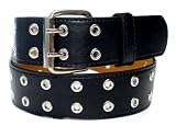Black Leather Belt with 2 Rows of Holes Surrounded with Silver Tone Grommets