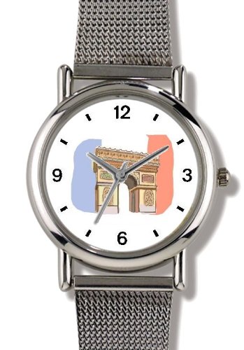 Arc de Triomphe -Tricolor in Background Paris & France Theme - WATCHBUDDY® ELITE Chrome-Plated Metal Alloy Watch with Metal Mesh Strap-Size-Small ( Standard Women's Size )