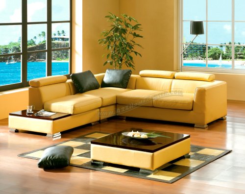 Contemporary Furniture Yellow Leather Sectional Sofa with a Mahogany Tray and a Coffee Table