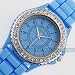 Trendy Blue Jelly Silicone Soft Band Timepiece Crystal Women Gift Wrist Watch