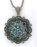 Victorian Zircon Blue and Aqua Marine Blue Austrian Crystals Double Layer of Petals Big Flower Pendant Necklace