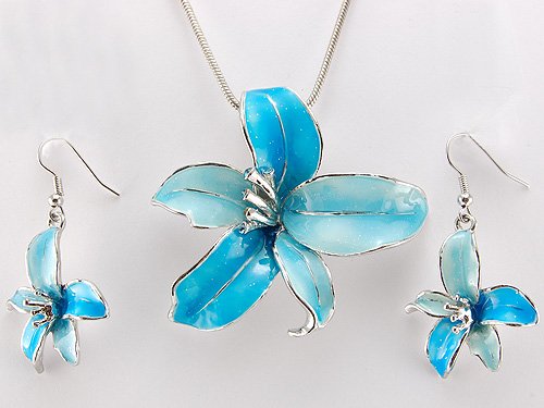 Tropical Hawaiian Fresh Flower Sky Blue Enamel Silver Tone Necklace Earring Set