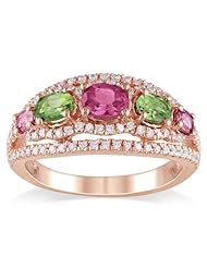 Rose Gold Plated Sterling Silver Pink and Green Tourmaline and Cubic Zirconia Ring, Size 7