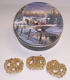 Scott's Cakes White Chocolate Covered Pretzel with Walnuts in a Mini Sleigh Ride Tin