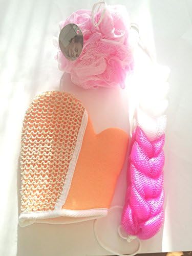 Womens Exfoliating Bathing Shower Set, 1 Jumbo 6" Pouf, 1 Body Glove Sponge, I Stretchable Back Scrubber (All Random Colors)