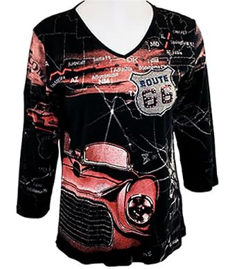 Katina Marie 3/4 Sleeve, Rhinestone Studded, Pre-Washed, Printed Cotton, Scoop Neck Black Route 66 Top