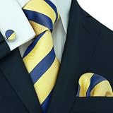 Landisun 72F Light Yellow Blue Stripes Mens Silk Tie Set: Tie+Hanky+Cufflinks
