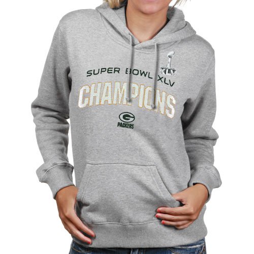 Reebok Green Bay Packers Ladies Ash Super Bowl XLV Champions Sequin Hoody Sweatshirt (Large)