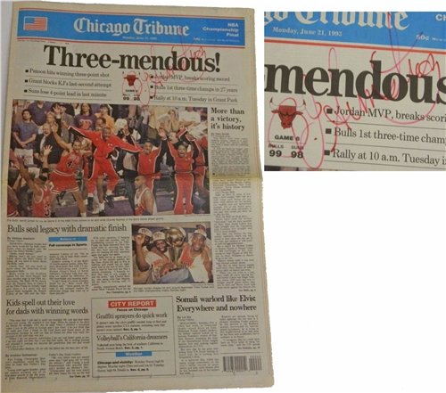 B.J. Armstrong Autographed/Hand Signed Chicago Tribune 6/21/93 Bulls Three-Peat