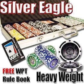 500 Silver Eagle Poker Chip Set with Free WPT Rule Book. 14 Gram Heavy Weighted Poker Chips.