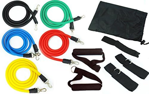 Body Evolution's 11 Piece Resistance Exercise Bands with a Lifetime Warranty. Kit Includes Foam Handles & Door Anchor for Your At Home, Crossfit, Yoga, or Pilates Workout Program.