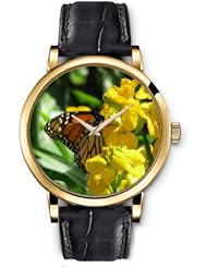 SPRAWL Aanalog Fashion Series Gold Ladies Watches of Genuine Black Leather Strap,Unique Wrist Watch for Women Girls Designed with Butterfly on yellow flower