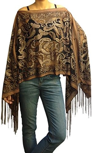 Embroidery Paisley Embroidery Scarf Poncho Caftan with Fringe Chocolate Color