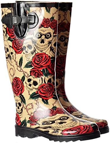 Onlineshoe Women's Funky Flat Wellie Wellington Festival Rain Boots UK8 - EU41 - US10 - AU9 Skull and Rose