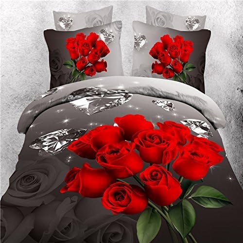 3d Flower Diamond and Rose Bedding Sets, 100% Cotton Queen Size 3d Bedding Sets, 4pcs with Duvet Cover, Bed Sheet, 2*pillow Case (Comforter Not Included)