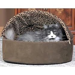 K&H Pet Products Thermo-Kitty Bed Deluxe Hooded Large Mocha Leopard 20 x 20 x 14 4 watts -
