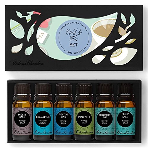 COLD & FLU Essential Oil Set- 100% Pure Therapeutic Grade Aromatherapy Oils- 6/ 10 ml of Digest Ease, Eucalyptus, Fighting Five (previously known as Four Thieves), Immunity, Respiratory Ease, Sleep Ease by Edens Garden