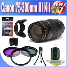 Simple Digital Camera 2013 : Canon EF 75-300mm f/4-5.6 III Telephoto Zoom Lens for Canon SLR Cameras + 3 Piece Professional Filter Kit + Lens Hood + Memory Card Wallet + Accessory Saver Bundle! The Cheapest
