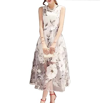 【クリックで詳細表示】レディース 夏 花柄 ふんわり ノースリーブ マキシ ロング ワンピース (M)： スポーツ＆アウトドア