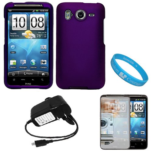Purple Durable Protective Rubberized Crystal Hard Case Cover for AT&T Wireless New HTC Inspire 4G Android Smart Phone + Mirror Screen Protector + Black Rapid Travel Wall Charger with IC Chip + SumacLife TM Wisdom Courage Wristband
