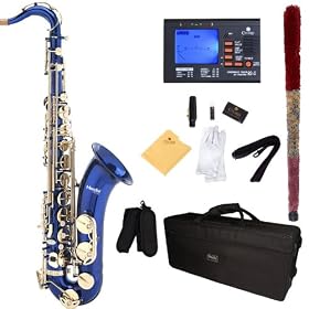 Mendini MTS-BL Blue Lacquered Brass B Flat Tenor Saxophone + Hard Case, Accessories & Chromatic Tuner with Metronome