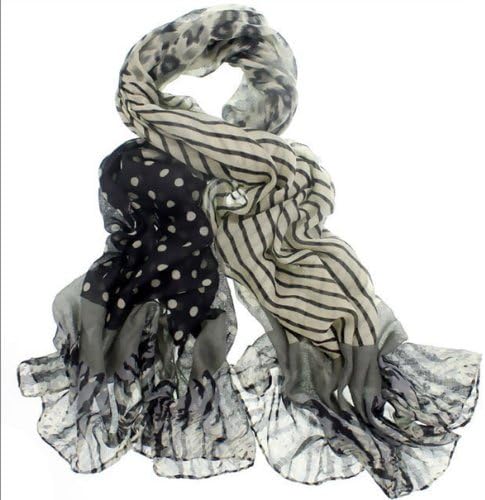 ECOSCO Women Mix Element Leopard Polka Dot Horizontal Stripes Shawl Scarf Wrap BLACK