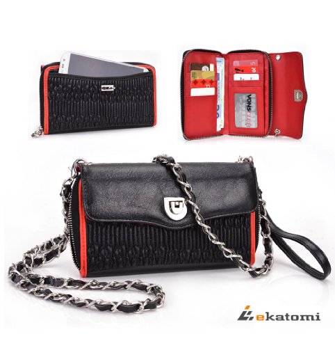 [Splash] Universal Phone Cover Women's PU Leather Shoulder Bag Wallet Wrist-let fits Gigabyte GSmart t600 Case - BLACK & RED. Bonus Ekatomi Screen Cleaner