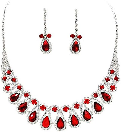 Multi Ruby Red Color Rhinestone Teardrop Loop Collar Necklace Set Bridal Bridesmaid prom DP1