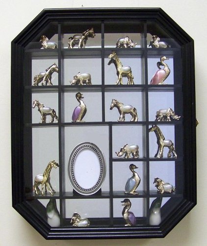 Curio Display Cabinet Case Black Wood Mirror Back Collectible Figures