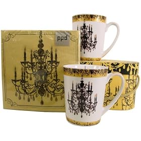 Baroque Chandeliers Gold Napkins and Mug Gift set 2 Tall Porcelain Mugs in Carrying Case by PPD