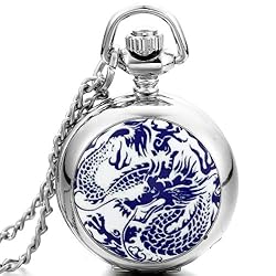 Porcelain Case Dragon Pocket Watch Dangle Pendant Necklace