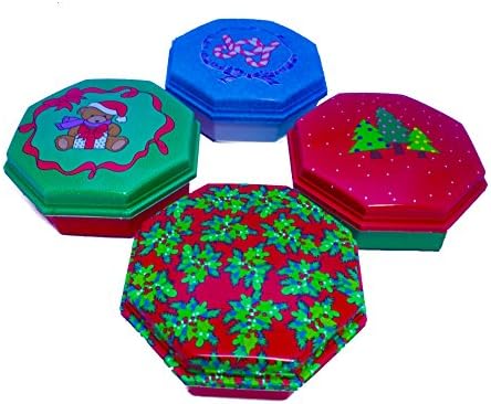 Christmas Cookie/Cake Box Container 4 Assorted Holiday Designs (Plastic) Cookie Jar- Great to Give as Gift with Homemade Xmas Cookies, Candy, Baked Goods,Treats
