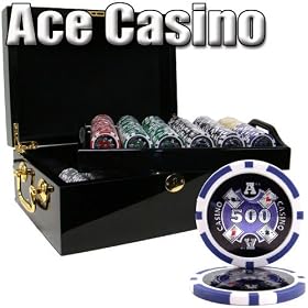 500 Ct Ace Casino 14 Gram Clay Poker Chip Set w/ Black Mahogany Wooden Case – Free Dealer Button and Cards