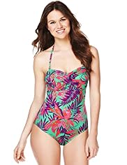 Halterneck Tahiti Palm Print Ruched Bandeau Swimsuit