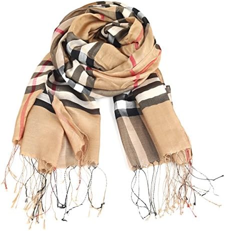Fantie Womens Giant-check Warm Brushed Cashmere Feel Scarf With Fringe Trim Khaki