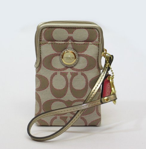NEW AUTHENTIC COACH POPPY SIGNATURE METALLIC CELL PHONE CASE (Lt Khaki/Rose)