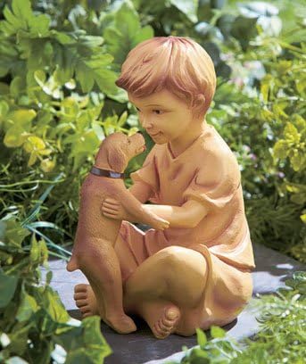 Boy with Puppy Dog Garden Yard Statue 6"w X 4-1/2"d X 7-7/8"h