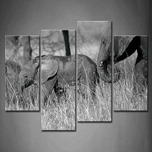 Canval prit painting 4 Panel Wall Art Black And White A Mother Elephant Gives Her Young Calf A Gentle Push Gray Grass Tree Pictures Print On Canvas Animal The Picture piece