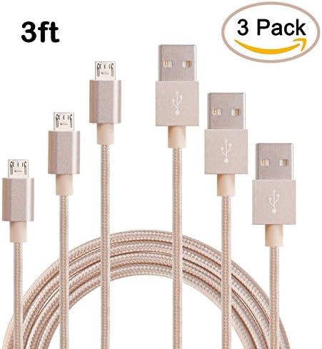Sethjcsy 3 Pack 3FT Nylon Braided Micro USB Cable High Speed USB 2.0 A Male to Micro B Sync and Charging Cord for Android, Samsung Galaxy S6, HTC, LG, Motorola, Nokia and More (Golden-3ft)