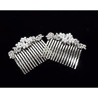 Pair Of Pearl and Crystals Flower Metal Hair combs Tiara for Weddings, Proms, quinceanera or pageants