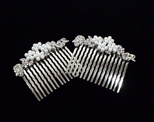 Pair Of Pearl and Crystals Flower Metal Hair combs Tiara for Weddings, Proms, quinceanera or pageants