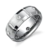 Beveled Edge 6 CZ Diamond Brush finish 7 mm Comfort Fit Mens Tungsten Wedding Band Ring Size 8 to 13 Free Shipping