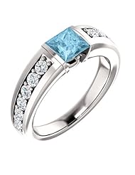 14K White Gold 5.00x5.00mm Princess Cut Aquamarine and Diamond Ring -- LIFETIME WARRANTY