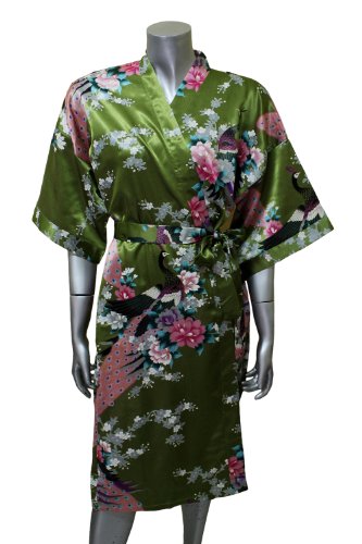 Asian Peacock Kimono Women's Satin Silk Robe - One Size - Olive